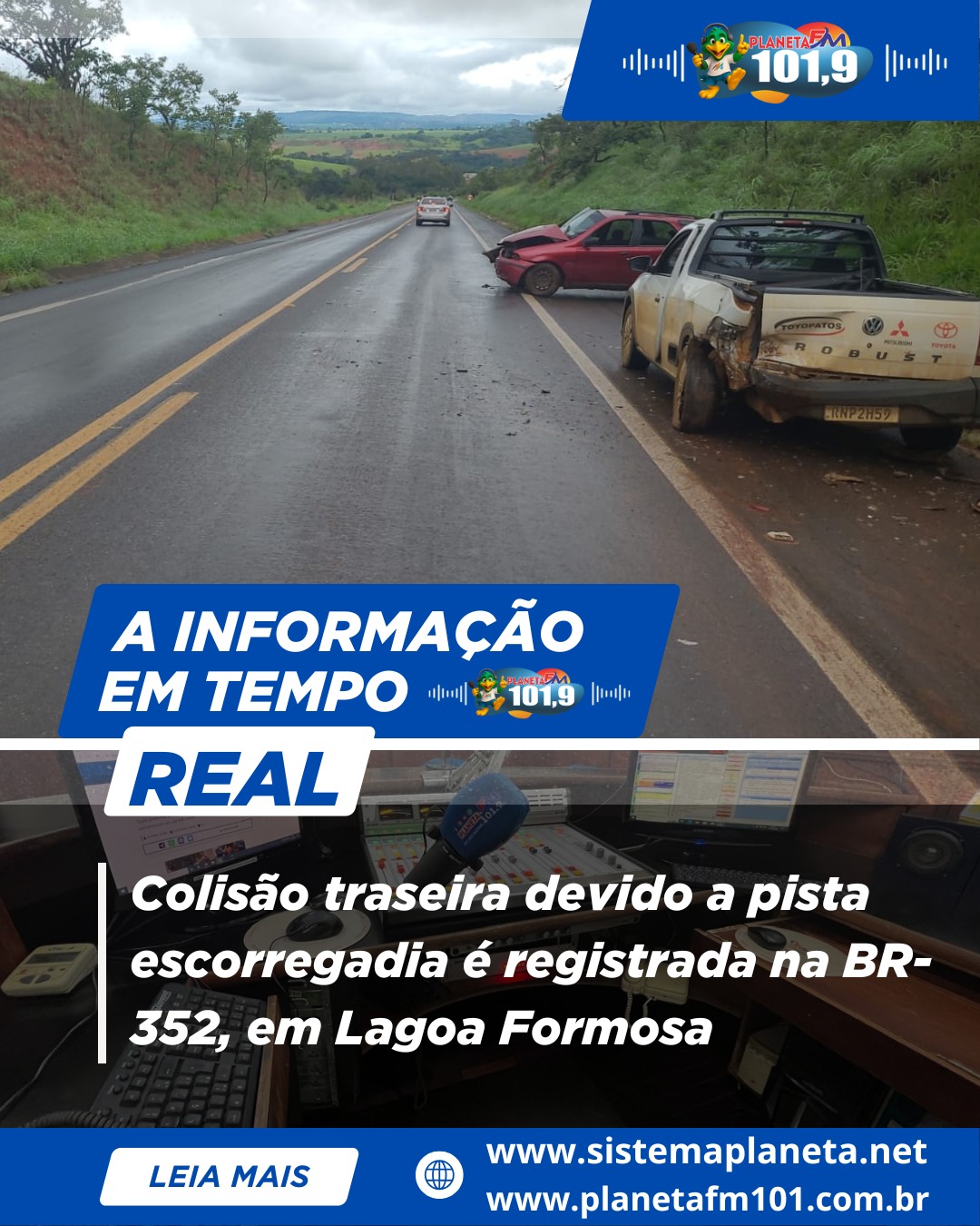 Colisão traseira devido a pista escorregadia é registrada na BR-352, em Lagoa Formosa