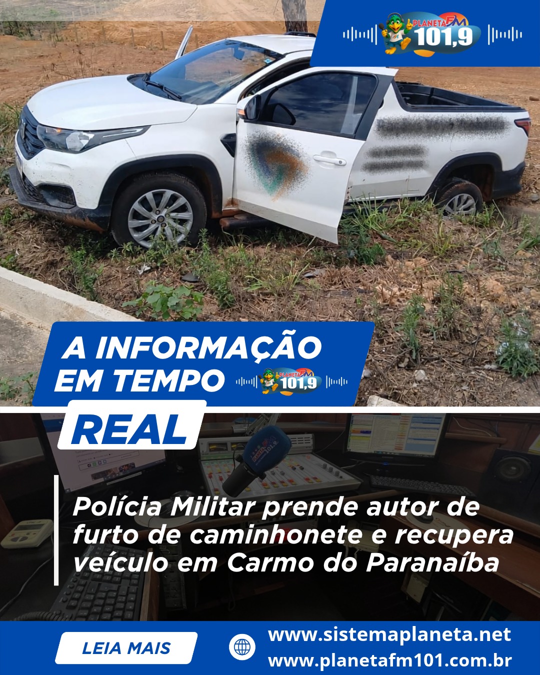 PolĆcia Militar prende autor de furto de caminhonete e recupera veĆculo em Carmo do ParanaĆba